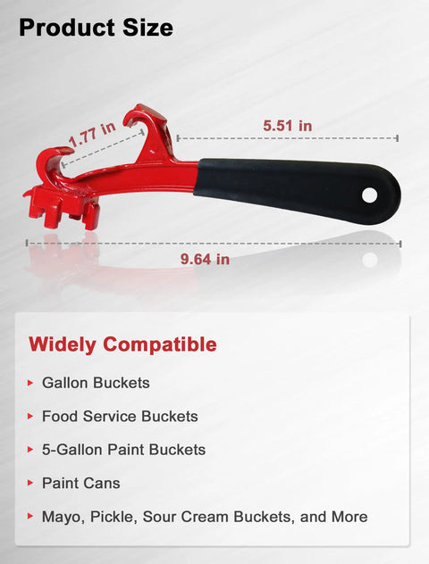 Ultimate 3 In 1 Bung Wrench And Bucket Opener Tool For Tough Aluminum Drum Lids, red tool showing dimensions.