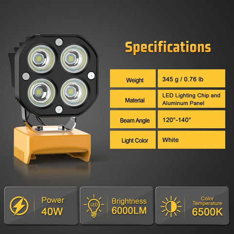 6000 Lumens Cordless LED Work Light with 40W Power, 120 Degree Adjustable Head on yellow base; specs on side.