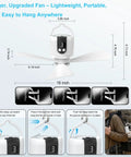 Portable 18 Inch Outdoor Ceiling Fan With Light And 15600mAh Battery, measurements and hanging instructions
