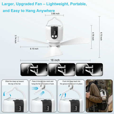 Portable 18 Inch Outdoor Ceiling Fan With Light And 15600mAh Battery, measurements and hanging instructions