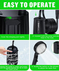 On The Go Camping Shower With 10000mAh Battery setup steps with hose, pump, and LED display instructions.