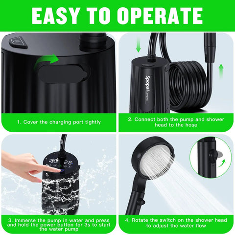 On The Go Camping Shower With 10000mAh Battery setup steps with hose, pump, and LED display instructions.