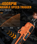 Cordless Three Eighths Inch Ratchet Wrench With Brushless Power showing 0 to 400 RPM variable speed trigger next to graph.