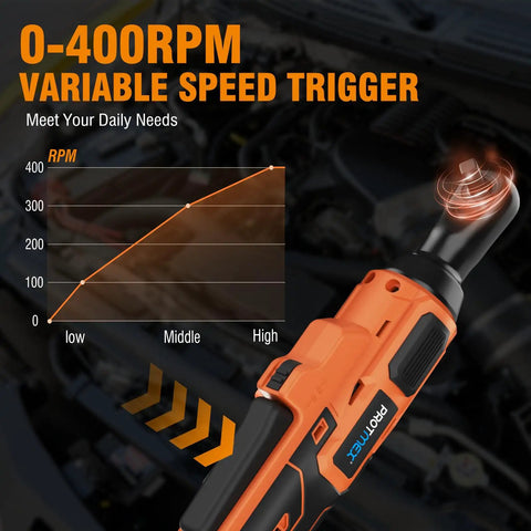Cordless Three Eighths Inch Ratchet Wrench With Brushless Power showing 0 to 400 RPM variable speed trigger next to graph.