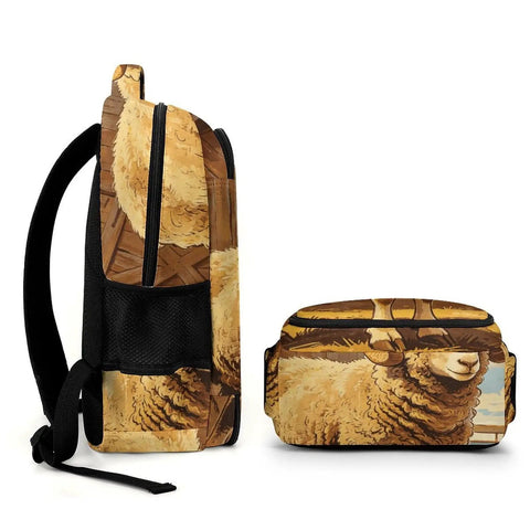 Side view of Curly Wool Ram Vintage Printed Unisex Backpack with Large Capacity, Durable Polyester, Breathable Fabric, Smooth Zipper