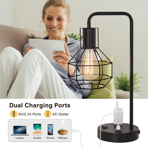 USB Powered Modern Table Lamp With Built In Outlet Industrial Farmhouse Bedside Desk Light beside a person relaxing