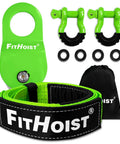 Offroad Recovery Kit With Snatch Block Pulley Ten Ton, Tree Saver Strap Three Inch By Eight Foot, And D Ring Shackles Three Quarter Inch, Winch Accessories For Cars, Trucks, SUVs, And ATVs, Heavy Duty Steel Gear For Rugged Trails. Green recovery kit with snatch block, shackles, tree saver strap, and carry bag