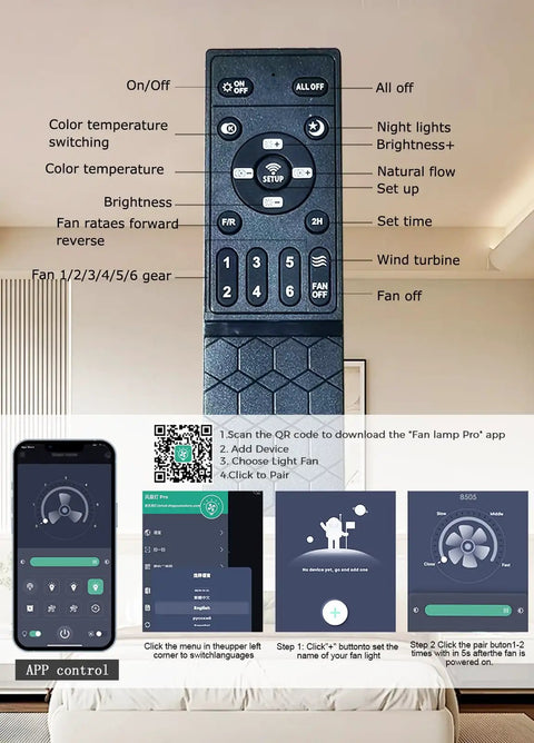 Remote control and app interface for 60 Inch Ceiling Fan With Lights And Remote Control, Low Profile Flush Mount, Black Finish, DC Reversible Motor, Six Speeds, Three Color Temperature Dimmable LEDs, Quiet Noiseless Performance, Dual Finish, Indoor Outdoor Use, App And Remote Control