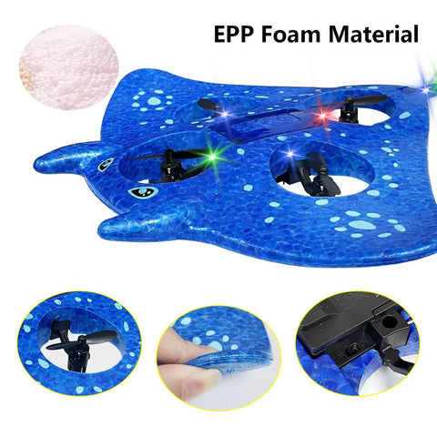 Noob-Friendly Foam RC Airplane For Kids And Beginners, 2.4GHz Remote Control, showing blue EPP foam material and design details.