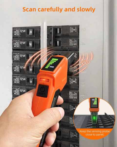 All In One Circuit Breaker Finder And Outlet Tester Kit With GFCI Tester in use on electrical panel