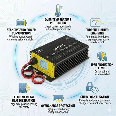 Beefy 600W MPPT Solar Charge Controller with features including IP65 protection, child lock, efficient heat dissipation.