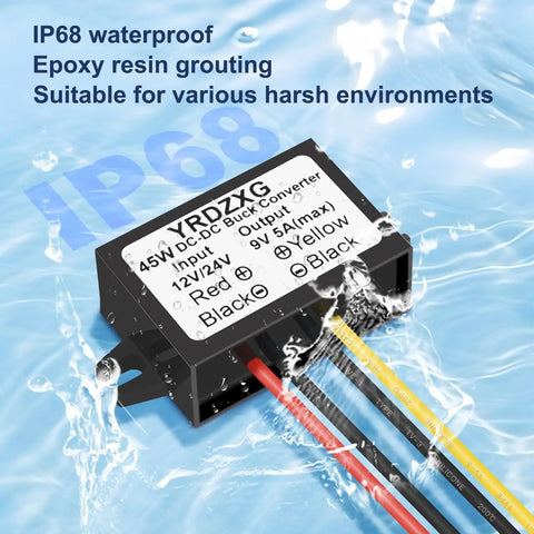 Waterproof Car Mounted Buck Converter From 12V 24V To 9V 5A 45W DC To DC Step Down Regulator shown in waterproof test