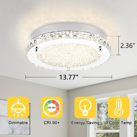 Flush Mount LED Crystal Ceiling Light, 13 Inch Modern Fixture With Edge Crystal Glass installed in a room, showing dimensions and features icons.