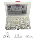 Heavy Gauge PP Plastic Screw Assortment Kit With M3 M4 M5 Metric Phillips Pan Fasteners Hex Nuts Washers 470 Piece in clear case.