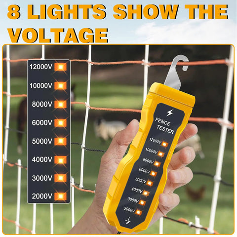 Electric Fence Voltage Tester For Farm Pro 12KV Portable Fence Testing Tool With 8 Indicator Lights Fault Finder No Battery Needed Neon Display And Easy Read Gauge For Quick Onsite Checks, hand-held yellow plastic fence tester with 8 lights