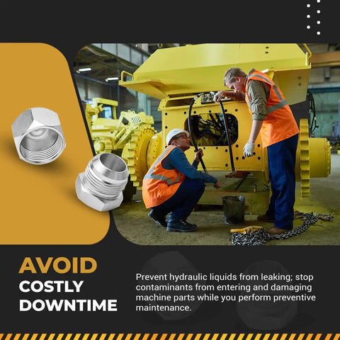 Pro Grade 64 Piece JIC 37 Degree Flare Cap and Plug Kit in use during hydraulic maintenance with safety gear visible