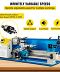 Rock Solid Compact Metal Lathe Seven By Fourteen Inch Bed with 550W motor, variable speeds, and heavy cast iron frame for machining.