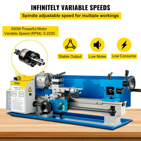 Rock Solid Compact Metal Lathe Seven By Fourteen Inch Bed with 550W motor, variable speeds, and heavy cast iron frame for machining.