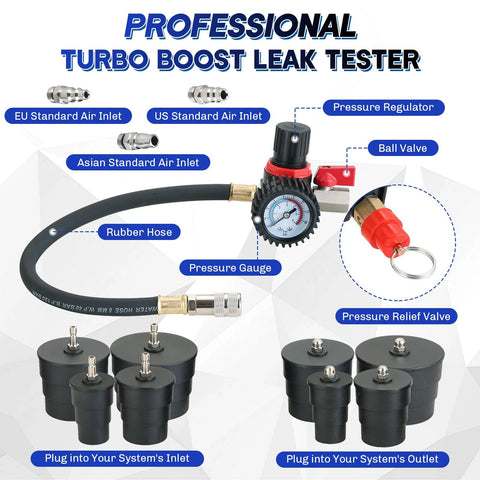 12-piece turbo leak tester kit with pressure gauge, regulator, ball valve, four adapter pairs, and rubber hose.