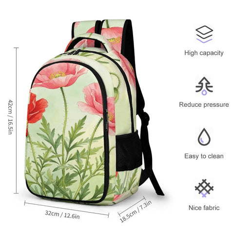 Red Pink Poppy Watercolor Printed Backpack For Unisex Everyday Carry Ready Large Capacity Carryall Bag Durable Polyester