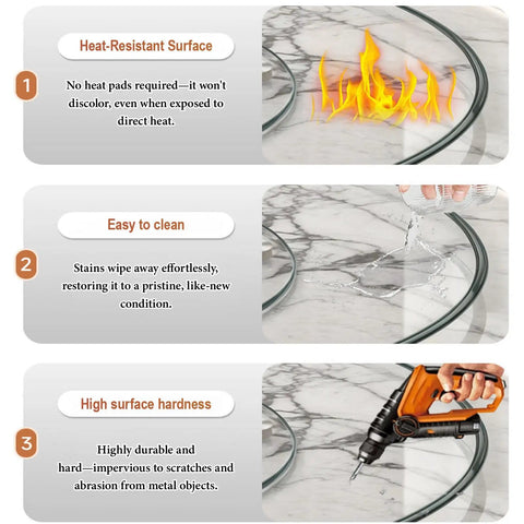 Tempered Glass Lazy Susan Turntable showing heat resistance, easy cleaning, and high surface hardness features.