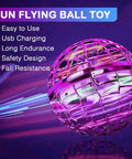 2025 Upgraded Flying Orb Ball Toy With Hover Boomerang Spin Mini Drone showing purple glow and durability features