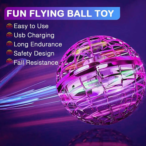 2025 Upgraded Flying Orb Ball Toy With Hover Boomerang Spin Mini Drone showing purple glow and durability features