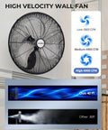 20 Inch Wall Mount Fan Oscillating With 3 Speed Settings High Velocity Industrial Air Circulator Delivers Up To 6000 CFM For Garage Shop Gym Workshop Or Covered Patio UL Listed shown in a high warehouse setting
