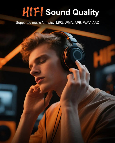 Person enjoying music with headphones, showcasing HiFi sound quality supported by 128GB Bluetooth 5.4 MP3 Player With Built In HD Speaker FM Radio Voice Recorder HiFi Sound E Book Earphones Included MicroSD Expandable To 512GB Long Battery Life Up To 60 Hours For All Day Jams.