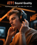 Person listening with headphones, text overlay detailing HiFi sound quality and supported formats for 128GB Bluetooth 5.4 MP3 Player.