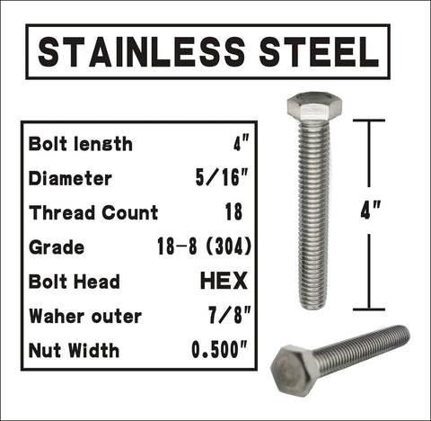 Front view: two stainless steel hex head bolts, 5/16-18 x 4 in, fully threaded, 18-8 (304) grade.
