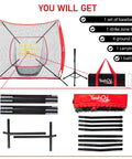 7x7 Ft Baseball And Softball Training Net With Adjustable Batting Tee Strike Zone Target Ground Stakes And Portable Hitting And Pitching Practice Set In Red for Backyard shown with accessories