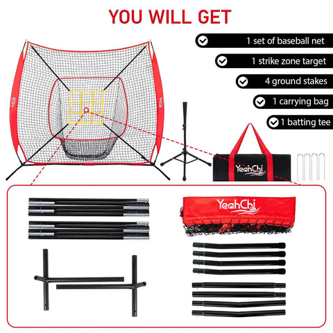 7x7 Ft Baseball And Softball Training Net With Adjustable Batting Tee Strike Zone Target Ground Stakes And Portable Hitting And Pitching Practice Set In Red for Backyard shown with accessories