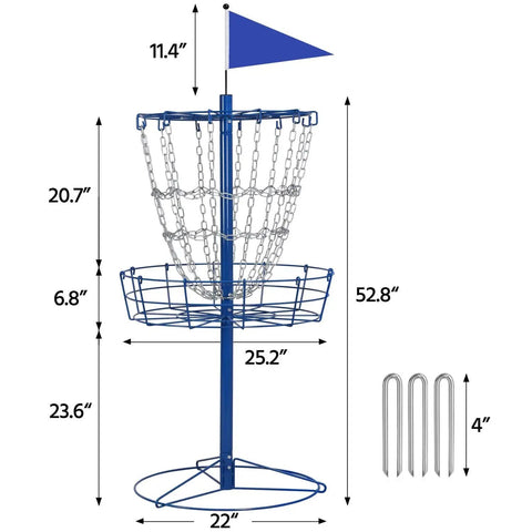Portable Disc Golf Basket Target With 12 Chains, Sturdy Steel Base, 25.2 in basket, 3 ground stakes, weatherproof, blue