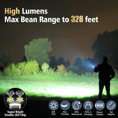 Person using Grab And Go EDC Flashlight With 365 Nanometer UV Light USB C Rechargeable Keychain Flashlight With Clip Tail Magnet 9 Modes Waterproof Ultra Bright Pocket Torch Two Pack in field.