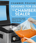 Person holding chamber pouch for Go To Pro Grade Vacuum Sealer Bags Set 6x8, 8x10, 10x10 Inches, 300 Pack BPA Free Pouches