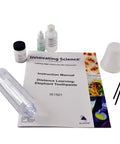 Elephant Toothpaste Chemistry Kit For Home Learning Fun Hands On Science Demonstration Exploring Catalysts Chemical Reactions And Phase Changes In A Safe Kid Friendly At Home Experiment For Elementary Learners with instructions, test tube, and materials.