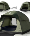Go To Family Size Four Person Camping Tent with Ultra Spacious Extended Floor Design set up, showing two doors and rainfly protection.