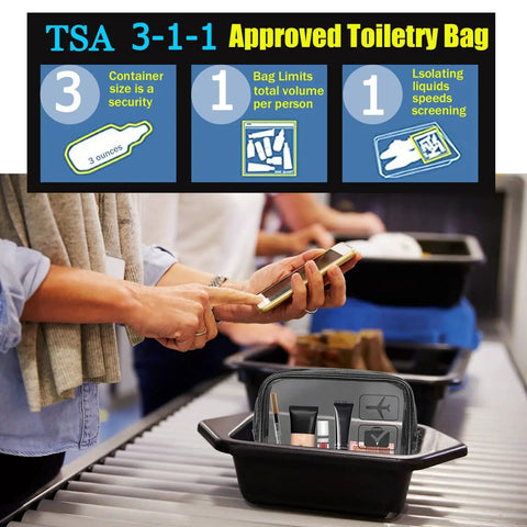 Clear Travel Toiletry Bag Set TSA Approved 3 Piece Quart Size Carry On Bags in security tray at airport checkpoint.