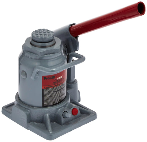 Pro-Lift 12-ton grey hydraulic bottle jack with red long handle, front view.