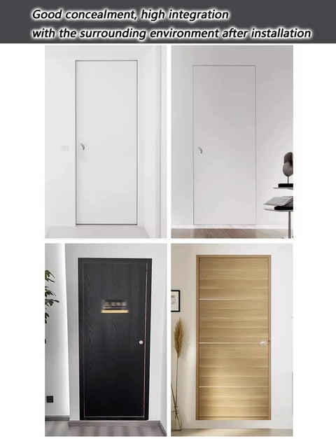 No Fuss Flush Mount Fire Rated Hidden Access Door Kit Featuring Paintable Gypsum Surface And Built Tough Aluminum Frame For Seamless Wall Concealment and Quick Residential Setup displayed in various interior settings.