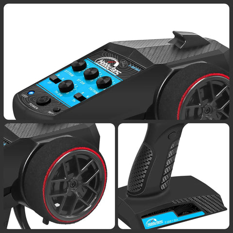 2.4G RC Radio System With 4CH Transmitter Receiver And Lanyard Anti Jamming Remote Controller For RC Cars Crawler Boats Blue High Sensitivity FHSS For Precise Control And Smooth Responsive Pro Grade, showing buttons and grip detail close-up.