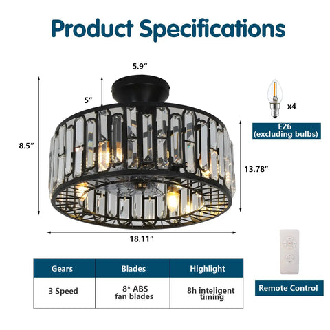 18 Inch Bangin Farmhouse Caged Industrial Ceiling Fan With Lights Whisper Quiet Motor Remote Control specs image