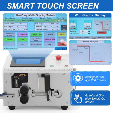 LABFENG Auto Wire Stripping And Cutting Machine For Solid And Stranded Cables Up To 6 Square Bvr Handles 30-10 Awg Copper Electric Tools features smart touch screen and graphic display.