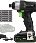 Side view of 20V Cordless Impact Driver With One Quarter Inch Hex Chuck LED Work Light Includes Six Bit Set Variable Speed Trigger From Zero To Two Thousand Eight Hundred RPM One Point Three Amp Hour Battery And Charger Included, showing bits, battery and charger.