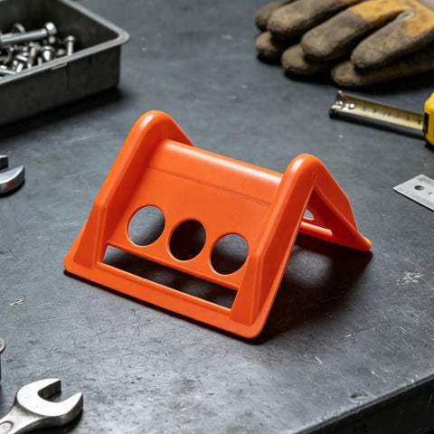 Orange 20 Pack Plastic Flatbed Edge And Corner Protectors For Trucks with sturdy design on workbench.