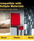 Image showing compatibility with multiple materials: wood, plastic chair, and metal components.