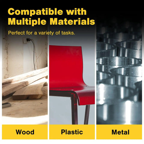 Image showing compatibility with multiple materials: wood, plastic chair, and metal components.