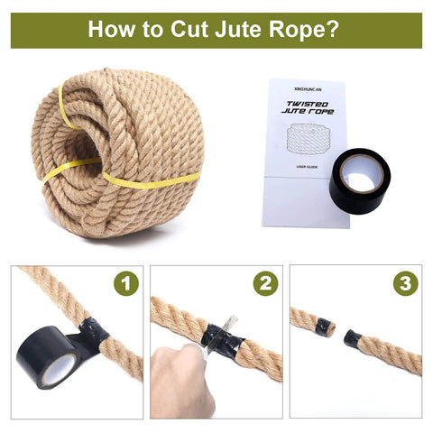 Steps for cutting Go-To Heavy Duty Natural Jute Rope 1 1/2 Inch By 100 Feet For Crafts Gardening with tape and scissors