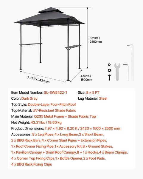 Grill Gazebo 8x5 Ft Outdoor BBQ Shelter with Double Tier Roof and Powder Coated Steel Frame, includes 2 side shelves, 8 hooks.